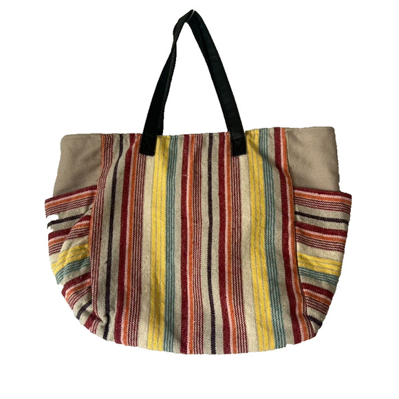 No Boundaries Caroline Multi Striped Boho Woven Cooler Tote Bag with Tassels - Picture 2 of 15